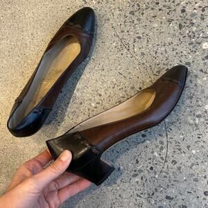 Salvatore Ferragamo Women’s 8.5 Kitten Heel Brown Black Leather Pumps Vintage